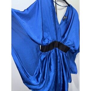 Bebe Y2K Blue Drape Kimono Dress SZ S Deep V Elastic Belted Waist Party Satin